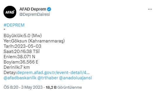 Son Dakika: Kahramanmaraş'ın Göksun ilçesinde 5 büyüklüğünde deprem meydana geldi