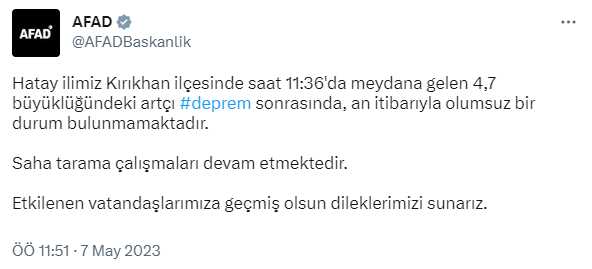 Son Dakika: Hatay'ın Kırıkhan ilçesinde 4.7 büyüklüğünde deprem meydana geldi