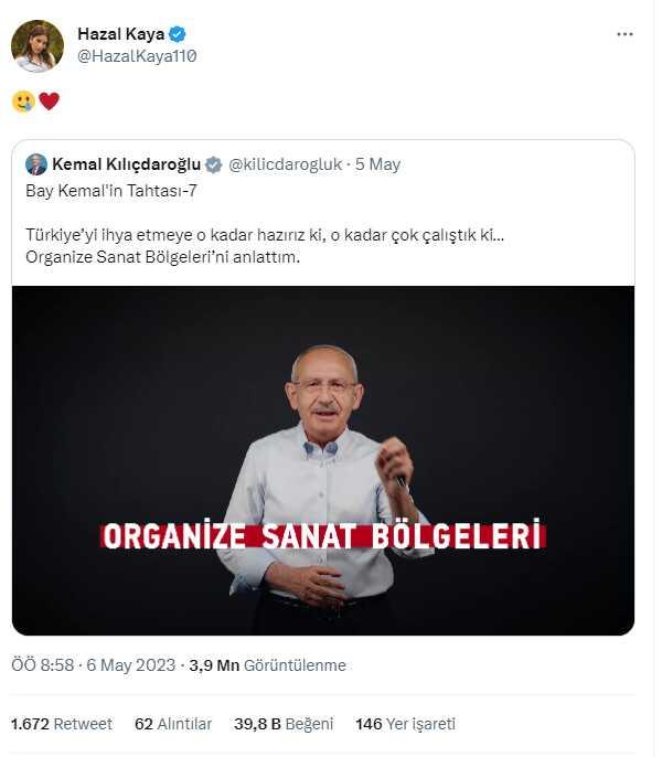 Ünlü oyuncu Hazal Kaya Kemal Kılıçdaroğlu'nun videosunu kalp emojisiyle paylaştı Ünlü oyuncu Hazal Kaya Kemal Kılıçdaroğlu'nun videosunu kalp emojisiyle paylaştı