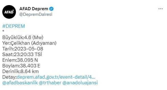 Son Dakika: Adıyaman'da 4.6 büyüklüğünde deprem oldu