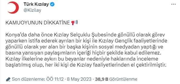 Son Dakika: İmamoğlu'nun Konya mitingi öncesi provokatif paylaşımlarda bulunan 2 Kızılay yöneticisi görevden alındı Son Dakika: İmamoğlu'nun Konya mitingi öncesi provokatif paylaşımlarda bulunan 2 Kızılay yöneticisi görevden alındı