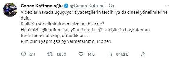 CHP İstanbul İl Başkanı Canan Kaftancıoğlu, siyasilere yönelik cinsel yönelim yorumlarına tepki gösterdi