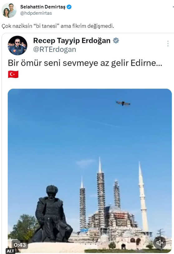 Demirtaş, Cumhurbaşkanı Erdoğan'ın gönderisini alıntıladı: Çok naziksin bitanesi