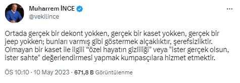 Muharrem İnce'den hakkındaki kaset iddialarına ilişkin yeni açıklama: Bunları varmış gibi göstermek alçaklıktır, şerefsizliktir Muharrem İnce'den hakkındaki kaset iddialarına ilişkin yeni açıklama: Bunları varmış gibi göstermek alçaklıktır, şerefsizliktir