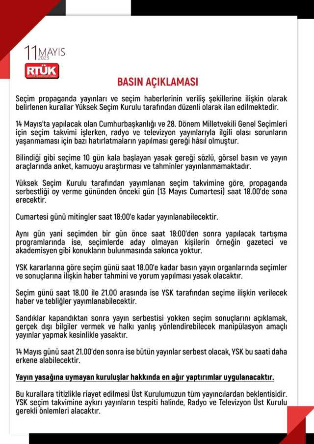 RTÜK'ten seçim yayınları ve haberleriyle ilgili uyarı: Yasağa uymayanlara en ağır yaptırımlar uygulanacak RTÜK'ten seçim yayınları ve haberleriyle ilgili uyarı: Yasağa uymayanlara en ağır yaptırımlar uygulanacak