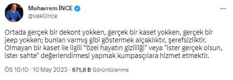 Son Dakika: Muharrem İnce'ye ait olduğu iddia edilen sosyal medya paylaşımıyla ilgili soruşturma başlatıldı Son Dakika: Muharrem İnce'ye ait olduğu iddia edilen sosyal medya paylaşımıyla ilgili soruşturma başlatıldı