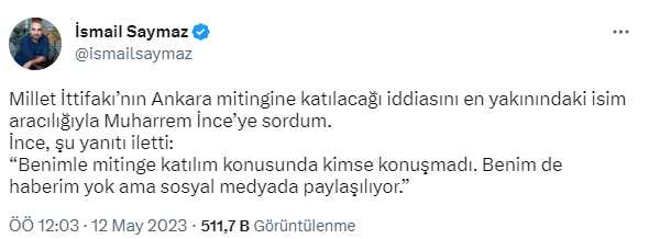 Millet İttifakı'nın Ankara mitingine mi katılacak? Muharrem İnce'den iddialara yanıt geldi