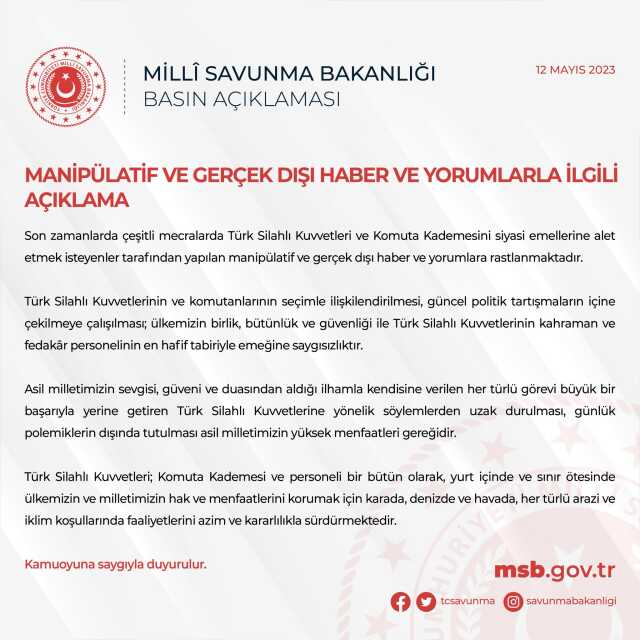 MSB'den 'Seçim günü TSK zırhlı araç ve personelinin hazır bulundurulması' iddiasına yanıt: Manipülatif ve gerçek dışı