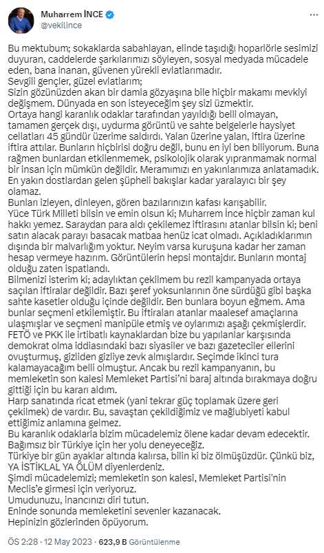 Muharrem İnce'den mektup: Adaylıktan çekilmem başka sahte kasetler olduğu için değildir