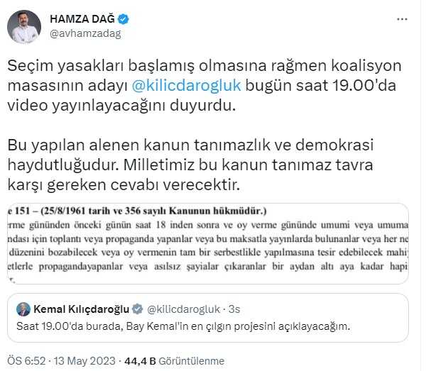 18'den sonra video paylaşan Kılıçdaroğlu'na AK Partili Dağ'dan tepki: Bu yapılan alenen kanun tanımazlık ve demokrasi haydutluğu