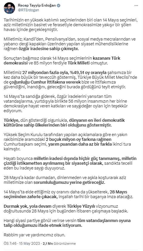 İkinci tura önde giren Cumhurbaşkanı Erdoğan'dan bir açıklama daha: 14 Mayıs'taki oy oranımızı yükselterek tarihi başarıya imza atacağız İkinci tura önde giren Cumhurbaşkanı Erdoğan'dan bir açıklama daha: 14 Mayıs'taki oy oranımızı yükselterek tarihi başarıya imza atacağız
