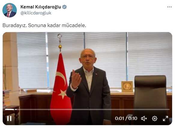 Son Dakika: Kılıçdaroğlu'ndan seçim sonucuna ilişkin ilk yorum: Buradayım, sonuna kadar mücadele edeceğim Son Dakika: Kılıçdaroğlu'ndan seçim sonucuna ilişkin ilk yorum: Buradayım, sonuna kadar mücadele edeceğim