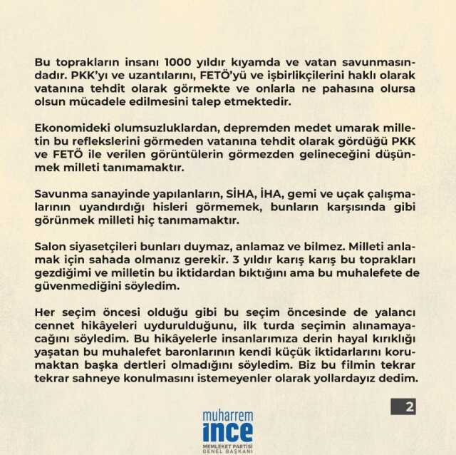Seçim sonuçlarıyla ilgili 4 sayfalık mektup yayınlayan İnce, 6'lı Masa'ya yüklendi: Şimdi herkes 'Muharrem İnce haklıymış' diyor