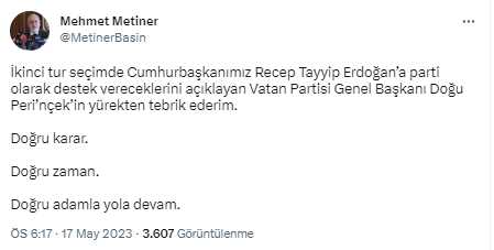 Doğu Perinçek 2. tur seçimlerinde tarafını seçti: Halkımızı Sayın Recep Tayyip Erdoğan'a oy vermeye çağırıyoruz Doğu Perinçek 2. tur seçimlerinde tarafını seçti: Halkımızı Sayın Recep Tayyip Erdoğan'a oy vermeye çağırıyoruz