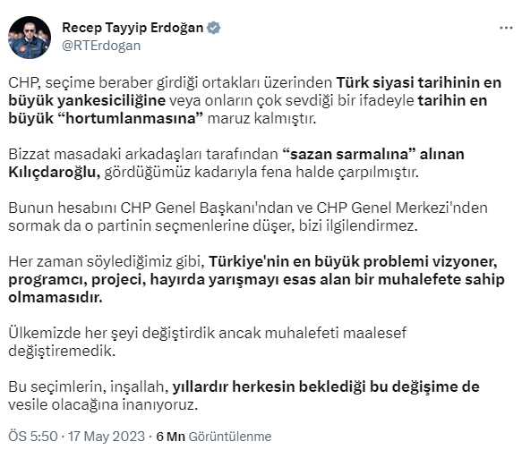 Erdoğan, Kılıçdaroğlu'nu seçim sonuçları üzerinden eleştirdi: Masadaki arkadaşları tarafından sazan sarmalına alındı