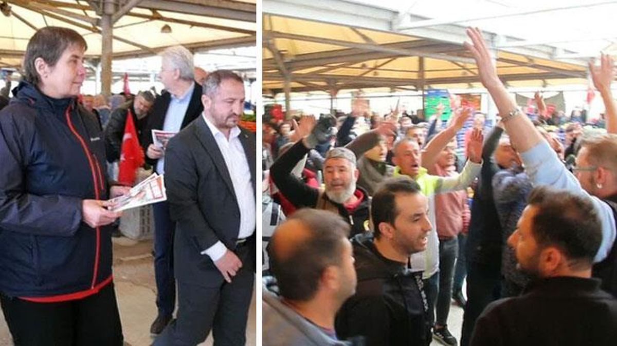 Pazarda broşür dağıtan CHP'lilere esnaftan tepki! 'PKK dışarı' sloganı attılar