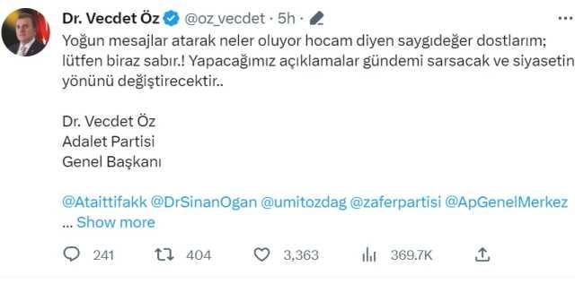 Vecdet Öz hangi ittifakı seçti? Adalet Partisi hangi ittifaka destek verecek? Vecdet Öz hangi ittifakı seçti? Adalet Partisi hangi ittifaka destek verecek?