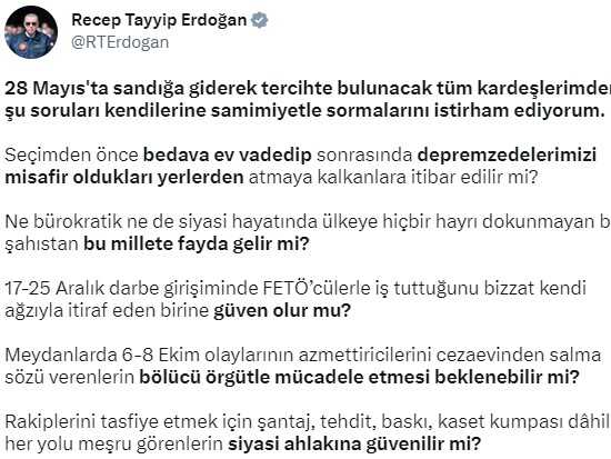 Cumhurbaşkanı Erdoğan'dan sandığa gidecek vatandaşlara çağrı: Şu 5 soruyu kendinize sormanızı istirham ediyorum