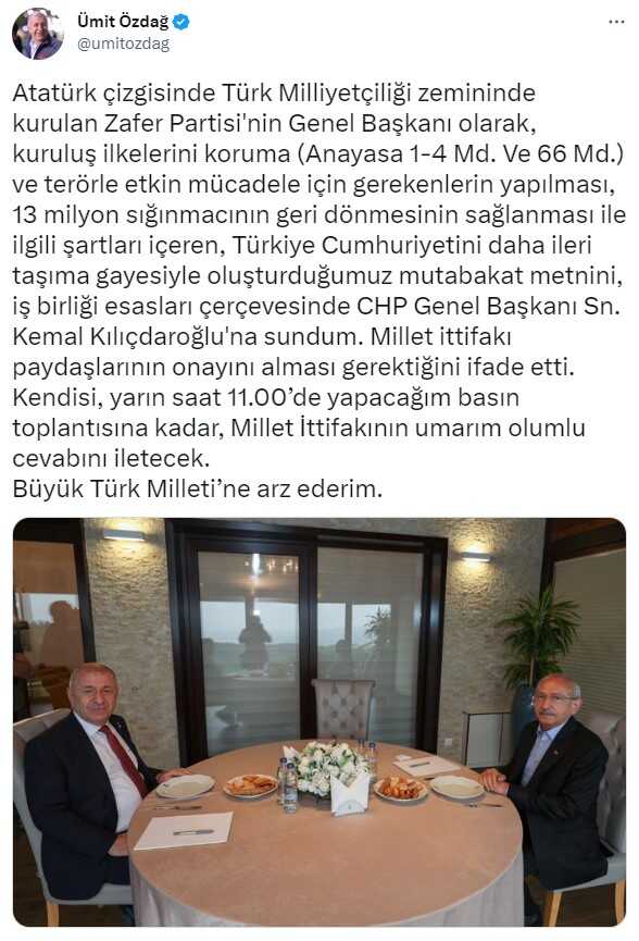 Kılıçdaroğlu ile görüşen Ümit Özdağ'dan açıklama geldi: Mutabakat metnini sundum, umarım olumlu cevabını iletecek Kılıçdaroğlu ile görüşen Ümit Özdağ'dan açıklama geldi: Mutabakat metnini sundum, umarım olumlu cevabını iletecek