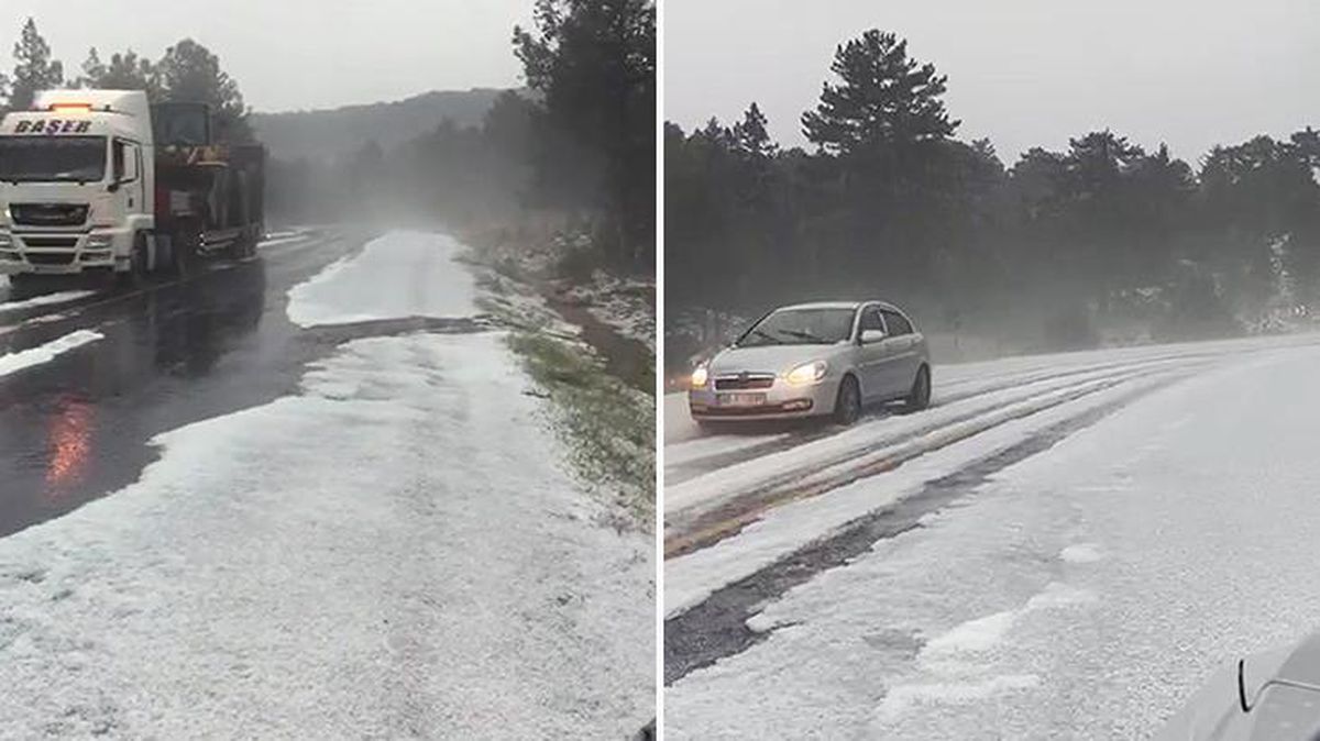 Muğla'da etkili olan dolu yağışı yolları beyaza bürüdü