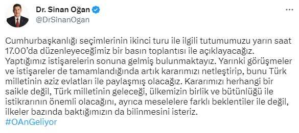 Sinan Oğan kimi tercih edecek? Paylaşımındaki o ifade 'Erdoğan'a destek verecek' şeklinde yorumlandı