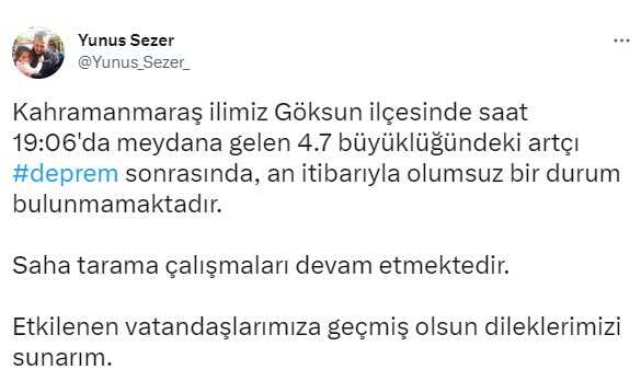 Son Dakika: Kahramanmaraş'ın Göksun ilçesinde 4.7 büyüklüğünde deprem meydana geldi