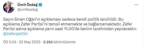 Son Dakika! Sinan Oğan'ın Erdoğan'a desteği sonrası Ümit Özdağ'dan itiraz: Bu açıklama Zafer Partisi'ni bağlamıyor Son Dakika! Sinan Oğan'ın Erdoğan'a desteği sonrası Ümit Özdağ'dan itiraz: Bu açıklama Zafer Partisi'ni bağlamıyor