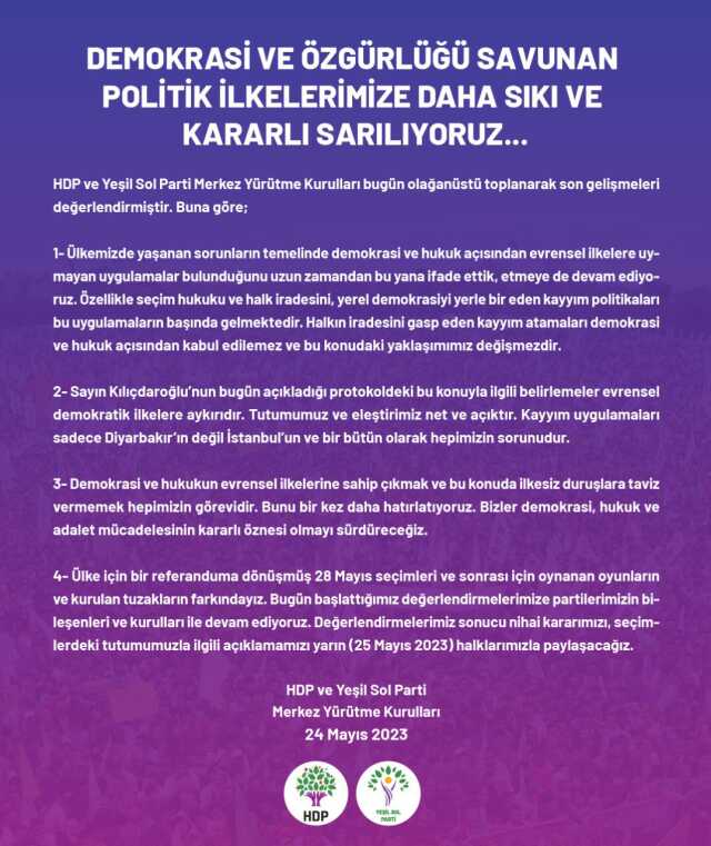 HDP ve Yeşil Sol Parti'den yeni açıklama: Seçimlerdeki tutumumuzla ilgili açıklamamızı yarın paylaşacağız