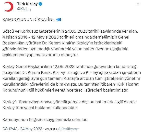 Kızılay: Kerem Kınık genel başkanlıktan istifa ettiği gün iştiraklerin yönetim kurullarındaki görevlerini de bıraktı Kızılay: Kerem Kınık genel başkanlıktan istifa ettiği gün iştiraklerin yönetim kurullarındaki görevlerini de bıraktı