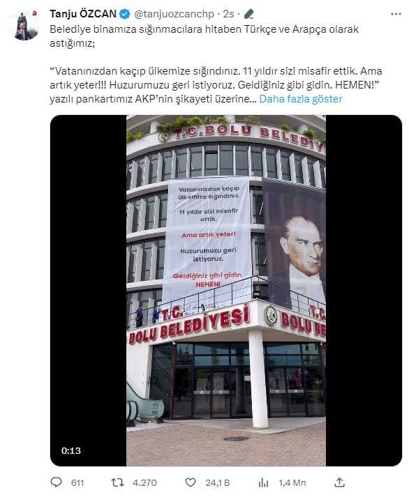 Bolu Belediyesi'nin sığınmacı pankartı seçim yasaklarına aykırı bulundu