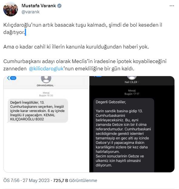 Bakan Varank'tan Kılıçdaroğlu'nun İnegöllülere il olma vaadiyle attığı mesaja tepki: Artık basacak tuşu kalmadı
