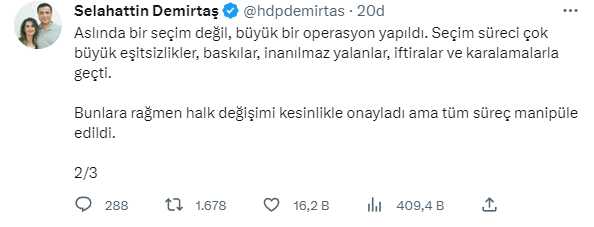 Cumhurbaşkanı Erdoğan'ın seçimi kazanması sonrası Demirtaş'tan art arda paylaşımlar