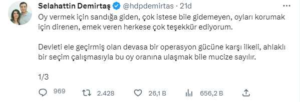 Cumhurbaşkanı Erdoğan'ın seçimi kazanması sonrası Demirtaş'tan art arda paylaşımlar