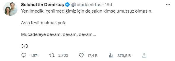 Cumhurbaşkanı Erdoğan'ın seçimi kazanması sonrası Demirtaş'tan art arda paylaşımlar