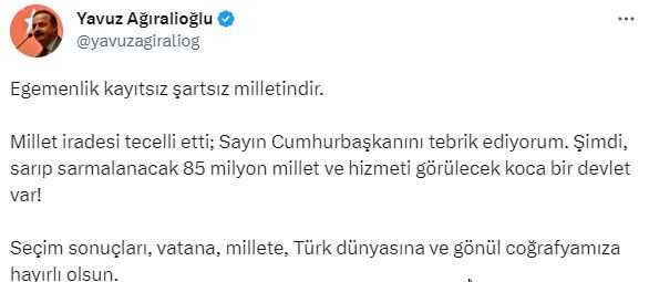 Seçim sonuçlarına Yavuz Ağıralioğlu'ndan ilk yorum: Millet iradesi tecelli etti, Cumhurbaşkanını tebrik ediyorum