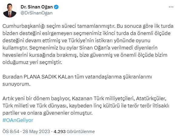 Seçim sonuçlarının ardından Sinan Oğan'dan ilk açıklama