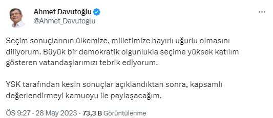Seçimleri Erdoğan'ın kazanmasının ardından Davutoğlu'ndan ilk sözler: Sonuçların ülkemize hayırlı uğurlu olmasını diliyorum Seçimleri Erdoğan'ın kazanmasının ardından Davutoğlu'ndan ilk sözler: Sonuçların ülkemize hayırlı uğurlu olmasını diliyorum