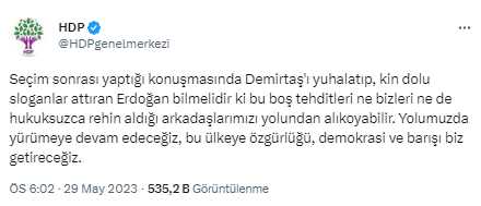 HDP'den Selahattin Demirtaş'ı hedef alan Cumhurbaşkanı Erdoğan'a yanıt: Bu tehditler bizleri yolumuzdan alıkoyamaz HDP'den Selahattin Demirtaş'ı hedef alan Cumhurbaşkanı Erdoğan'a yanıt: Bu tehditler bizleri yolumuzdan alıkoyamaz