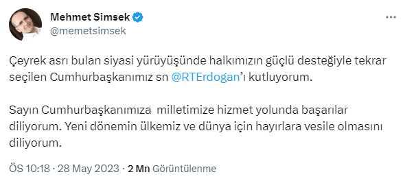 Mehmet Şimşek, Cumhurbaşkanı Erdoğan'ı tebrik etti! Herkes altını aynı yorumu yazdı Mehmet Şimşek, Cumhurbaşkanı Erdoğan'ı tebrik etti! Herkes altını aynı yorumu yazdı