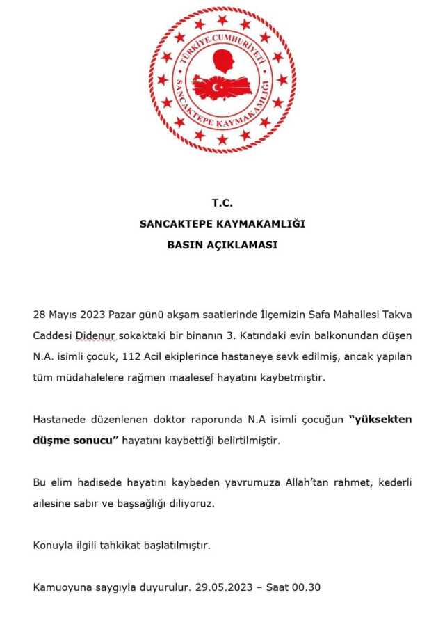 Sancaktepe'de 5 yaşındaki çocuk balkondan düşerek hayatını kaybetti
