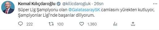 23. kez şampiyonluğa ulaşan Galatasaray'a siyasilerden peş peşe tebrik mesajı