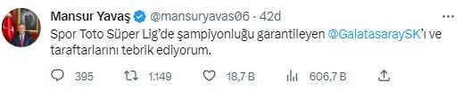 23. kez şampiyonluğa ulaşan Galatasaray'a siyasilerden peş peşe tebrik mesajı