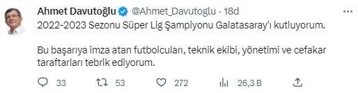 23. kez şampiyonluğa ulaşan Galatasaray'a siyasilerden peş peşe tebrik mesajı