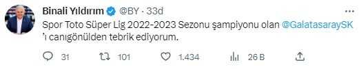 23. kez şampiyonluğa ulaşan Galatasaray'a siyasilerden peş peşe tebrik mesajı