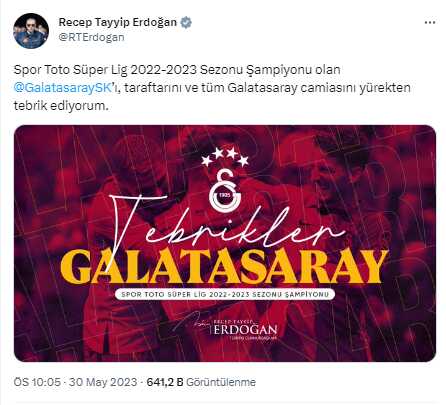 Cumhurbaşkanı Erdoğan'dan şampiyon Galatasaray'a tebrik