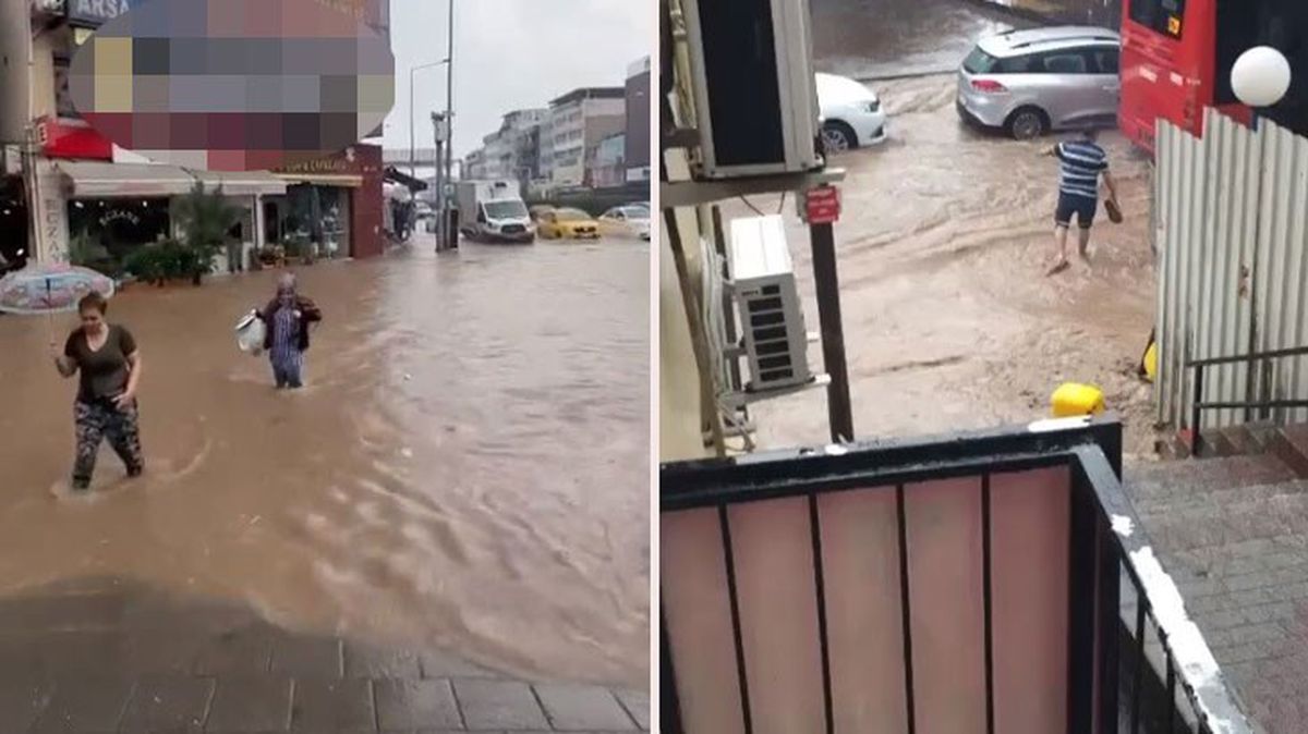 Görüntüler selin vurduğu İzmir'den! Vatandaşlar dizine kadar gelen suda yürüdü