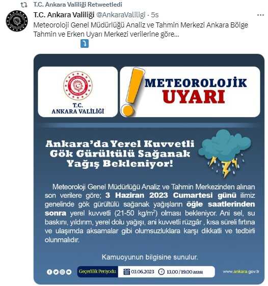 Ankara'da Yarın Öğleden Sonra Kuvvetli Sağanak Bekleniyor
