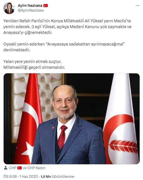 CHP'li Aylin Nazlıaka'dan bomba iddia: Üç eşli vekil Meclis'te yemin edecek CHP'li Aylin Nazlıaka'dan bomba iddia: Üç eşli vekil Meclis'te yemin edecek