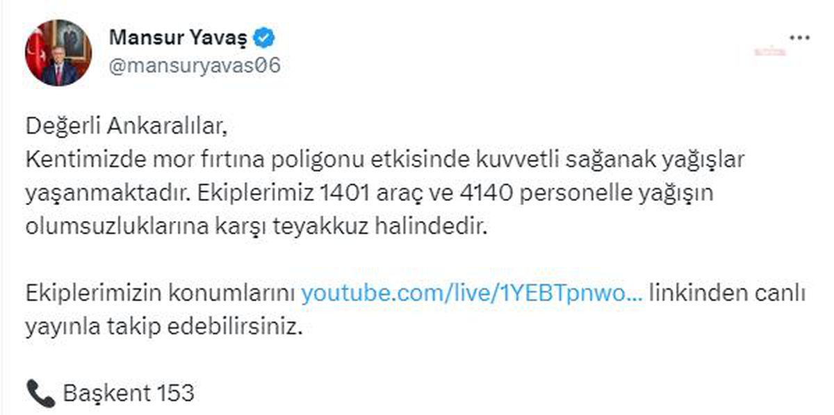 Mansur Yavaş'tan Ankara'da Sağanak Yağış Uyarısı