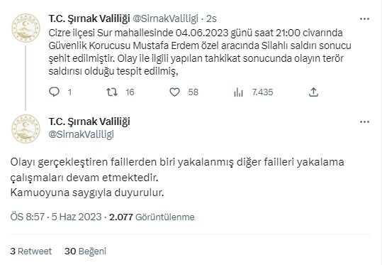 Şırnak'ta güvenlik korucusu silahlı saldırıda şehit oldu Şırnak'ta güvenlik korucusu silahlı saldırıda şehit oldu
